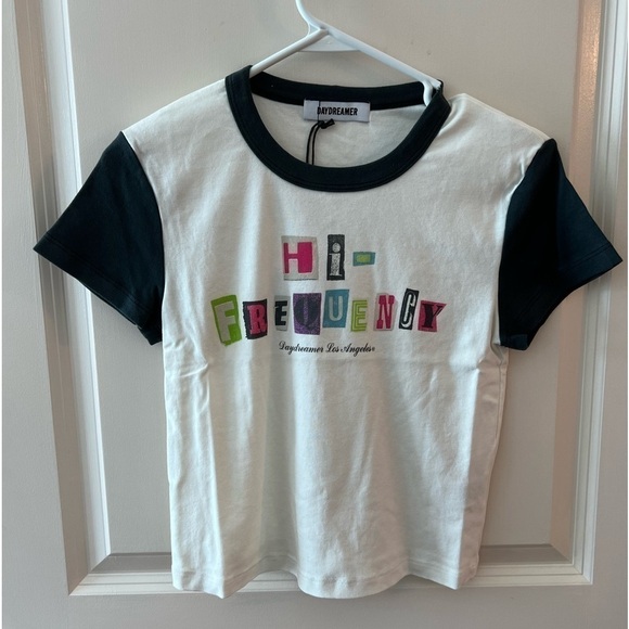 NWT Daydreamer REVOLVE Cotton Tee Women's White Baseball T Shirt "Hi frequency" - Picture 4 of 16